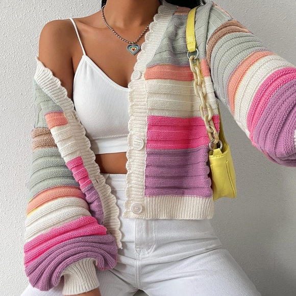 Colorblock Scallop Trim Drop Shoulder Cardigan